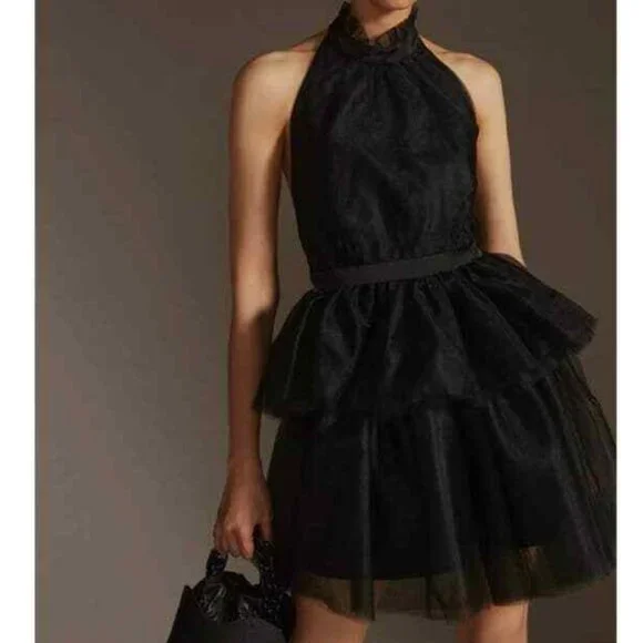 hutch tulle halter mini dress Anthropologie Hutch Black Tulle Halter Mini Dress Tiered Ballerina 12 NWT  260$